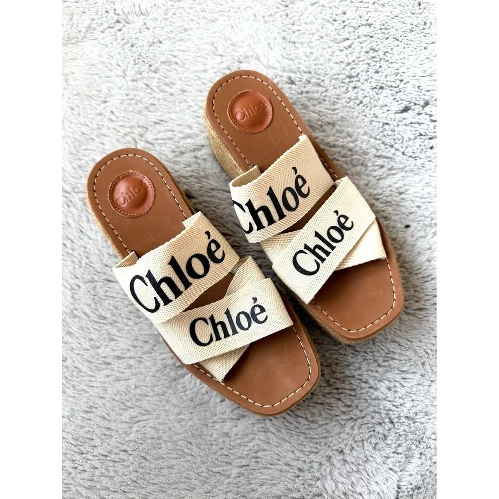 CHLOÉ Woody Logo Platform Slide Sandals Womens EU 39 Ivory‎ Canvas Espadrille